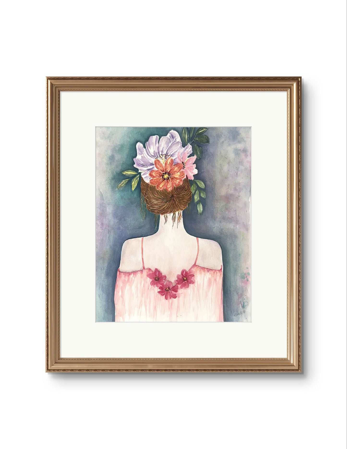 An Original watercolour Portrait Flower Girl Painting in a floral silk dress gazing into the distance with flowers woven in her hair. Size 12 x 16 inches.