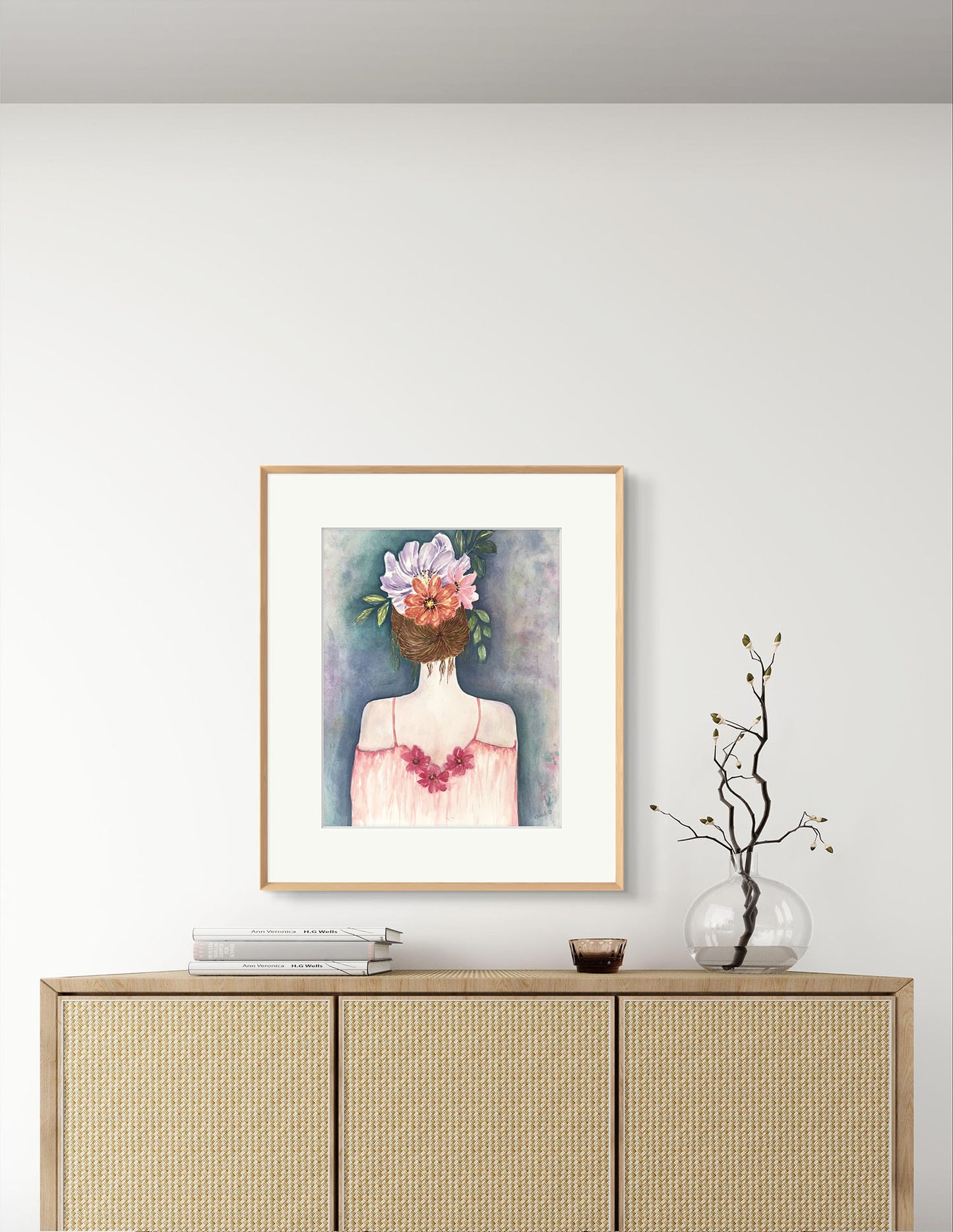 An Original watercolour Portrait Flower Girl Painting in a floral silk dress gazing into the distance with flowers woven in her hair. Size 12 x 16 inches.