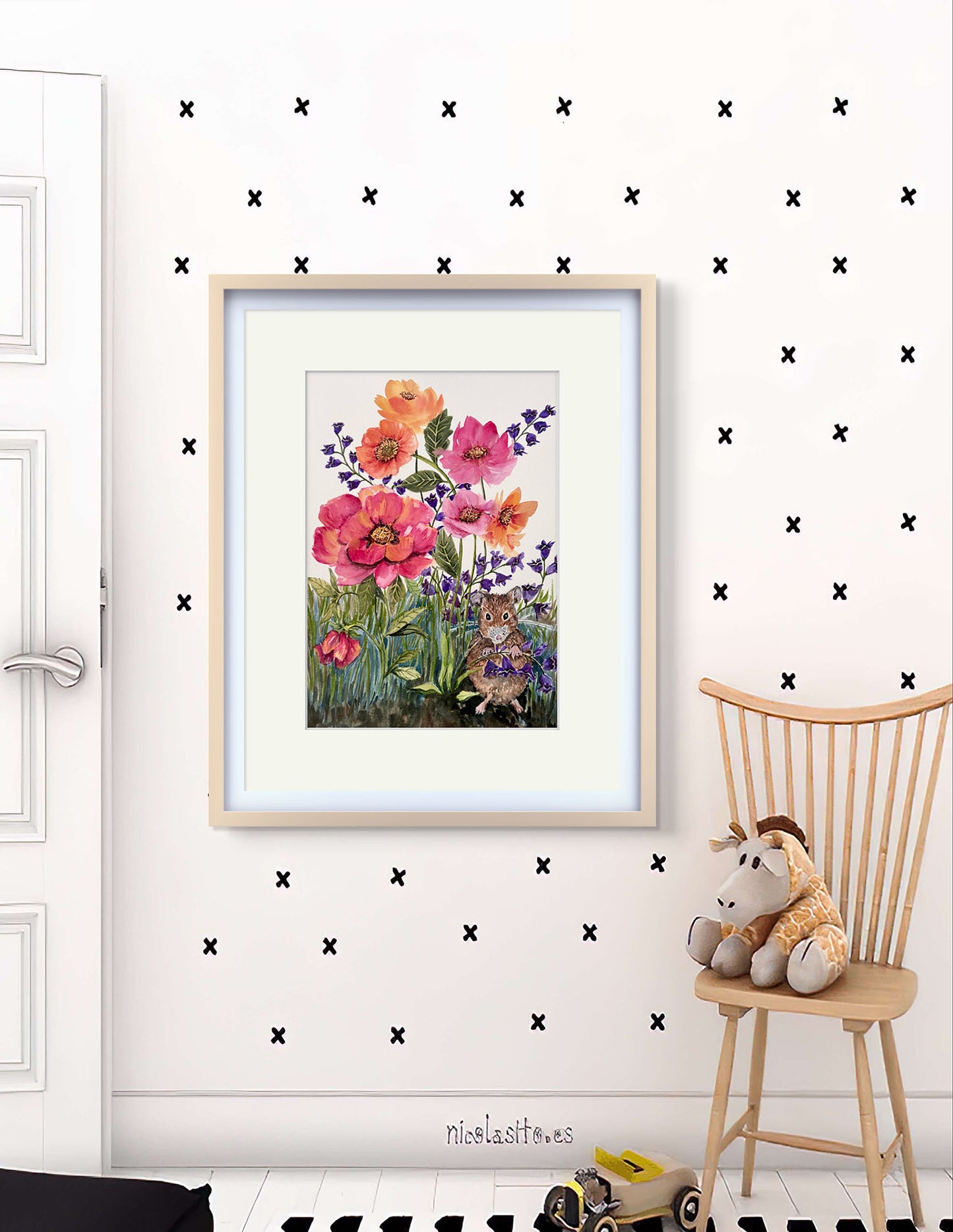 Original Watercolour for Child's Decor, The playful Mouse. A Gift for a special person.