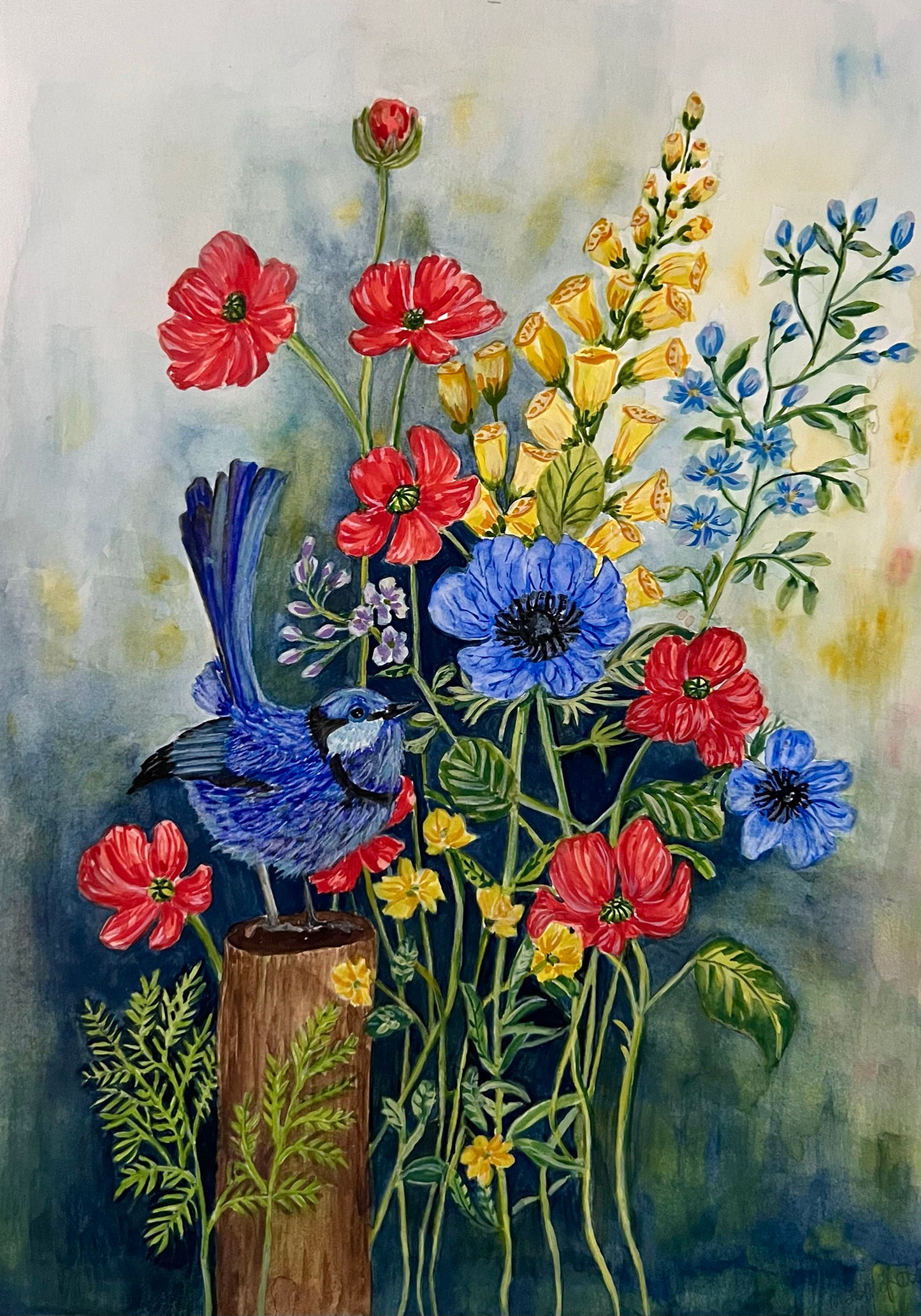 Original Watercolour painting, Blue Bird, a gift for someone special.