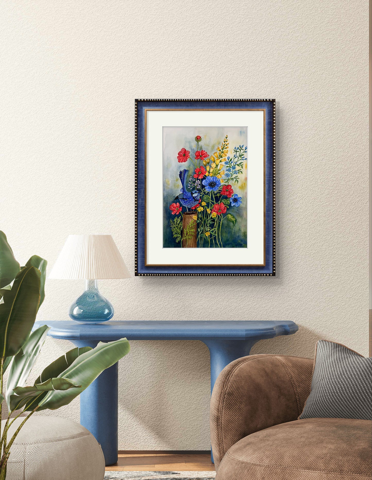 Original Watercolour painting, Blue Bird, a gift for someone special.