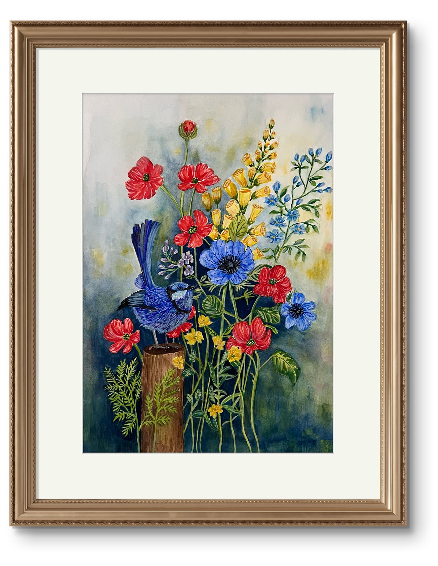 Original Watercolour painting, Blue Bird, a gift for someone special.