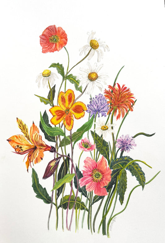 This original watercolour wildflower painting, titled “Blooming Beauty,” showcases a dense hand-picked bouquet in vibrant pink, orange, yellow, red, white, and purple tones on a clean white background.