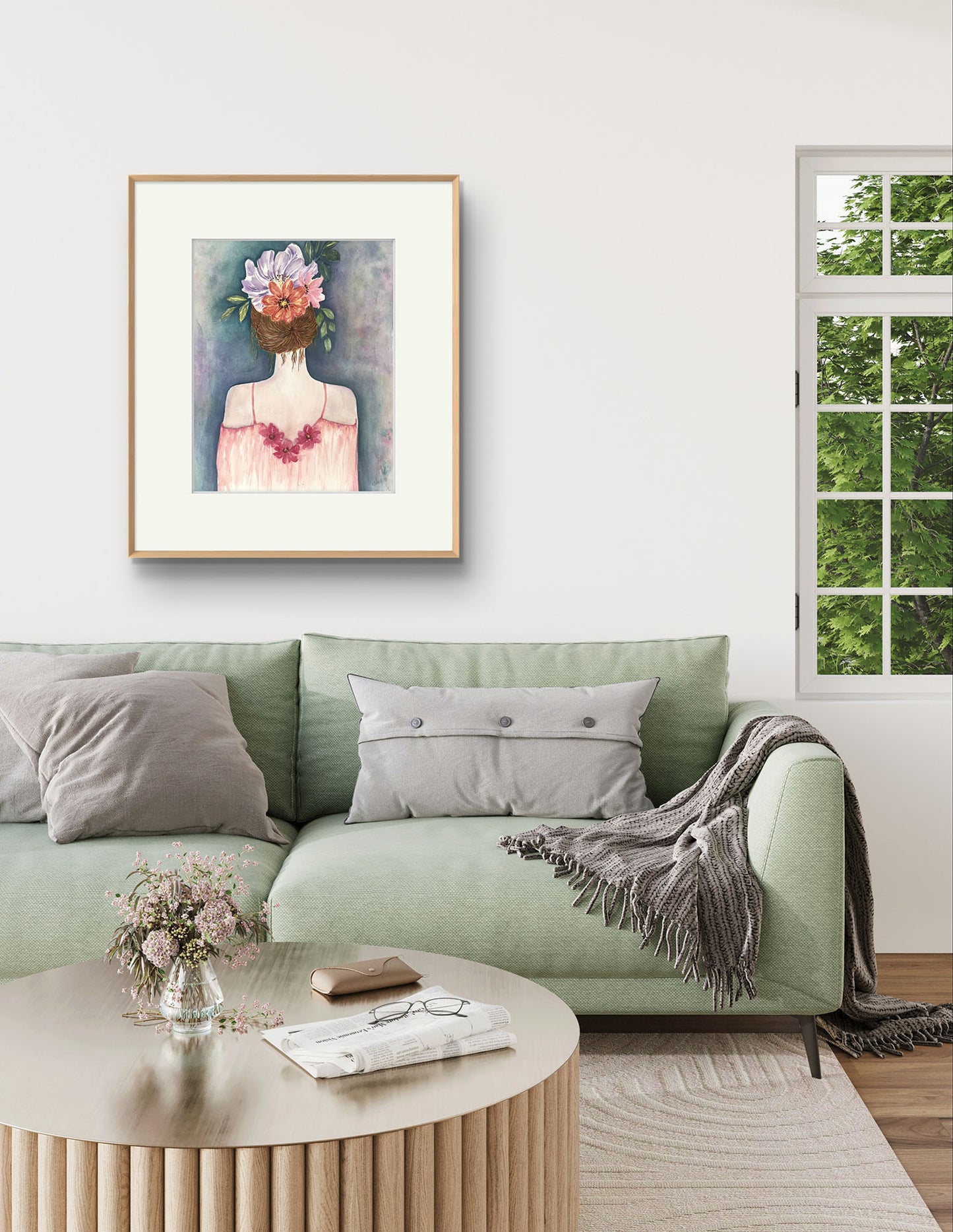 An Original watercolour Portrait Flower Girl Painting in a floral silk dress gazing into the distance with flowers woven in her hair. Size 12 x 16 inches.