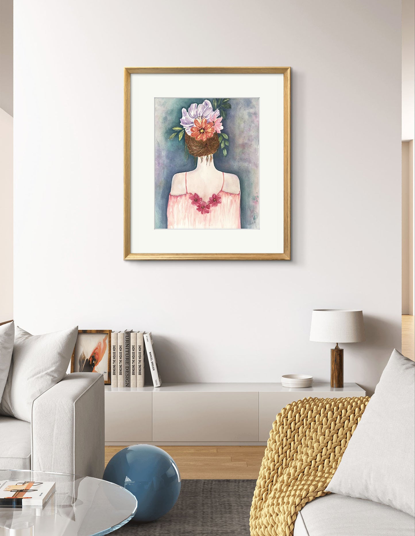 An Original watercolour Portrait Flower Girl Painting in a floral silk dress gazing into the distance with flowers woven in her hair. Size 12 x 16 inches.
