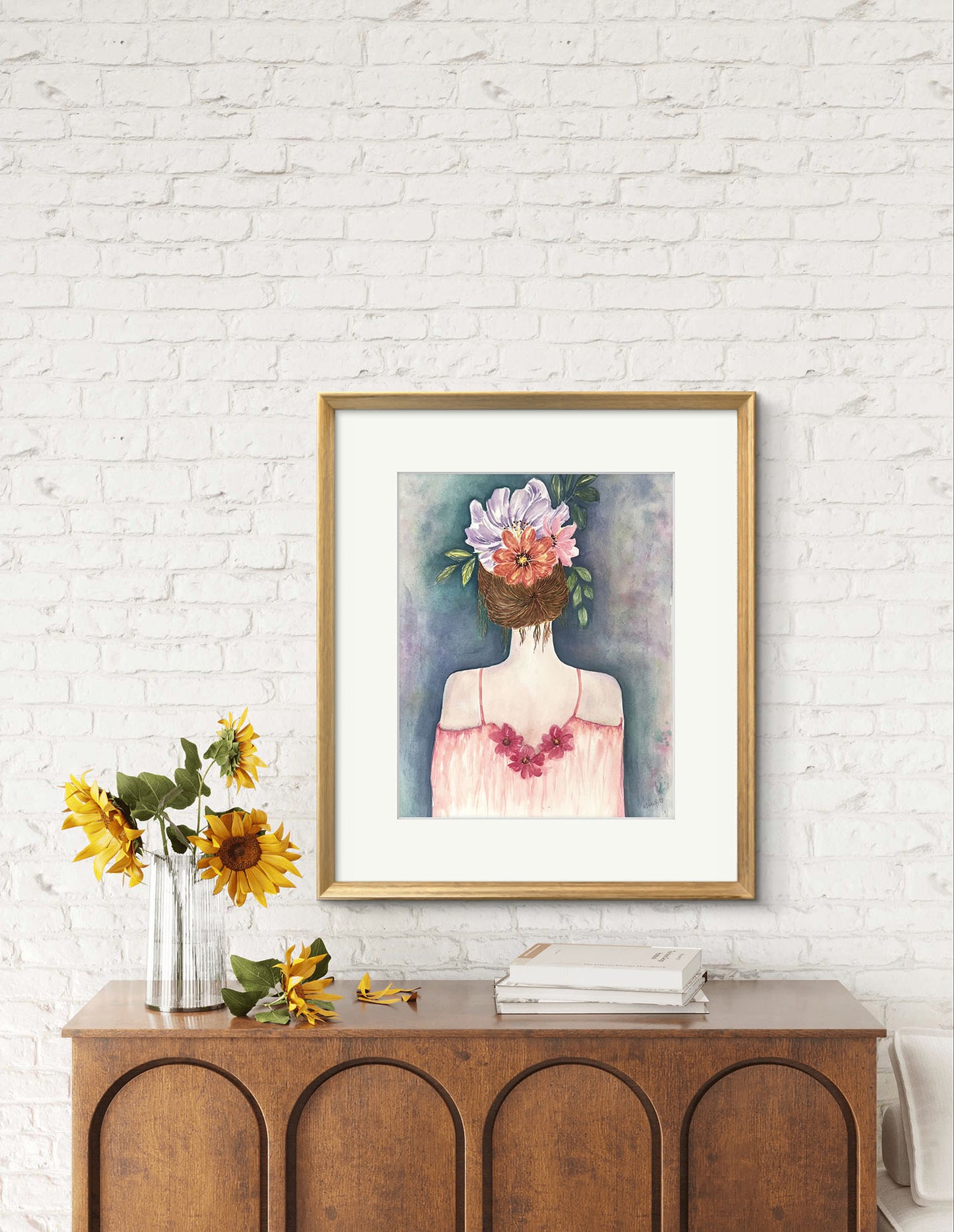 An Original watercolour Portrait Flower Girl Painting in a floral silk dress gazing into the distance with flowers woven in her hair. Size 12 x 16 inches.