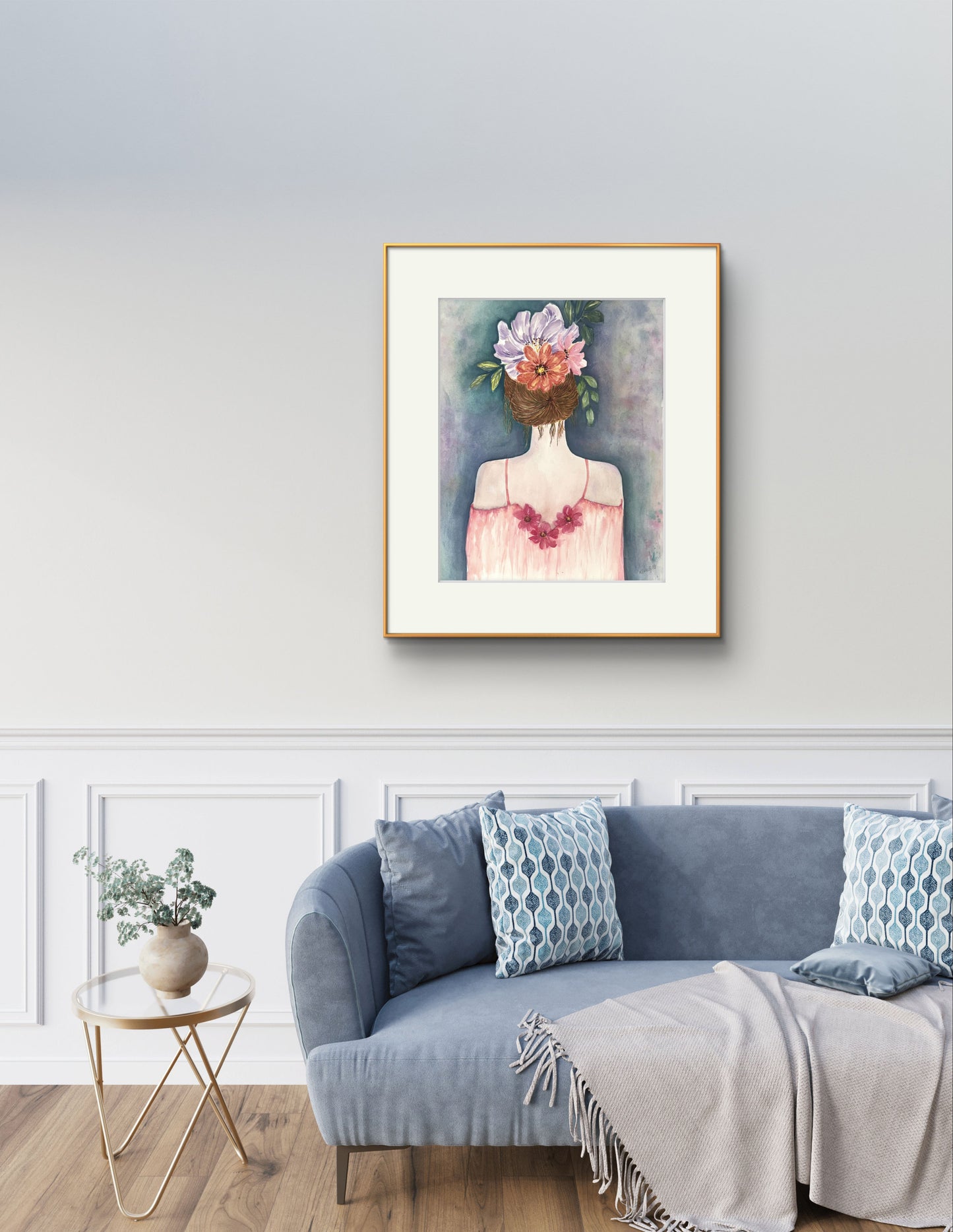 An Original watercolour Portrait Flower Girl Painting in a floral silk dress gazing into the distance with flowers woven in her hair. Size 12 x 16 inches.