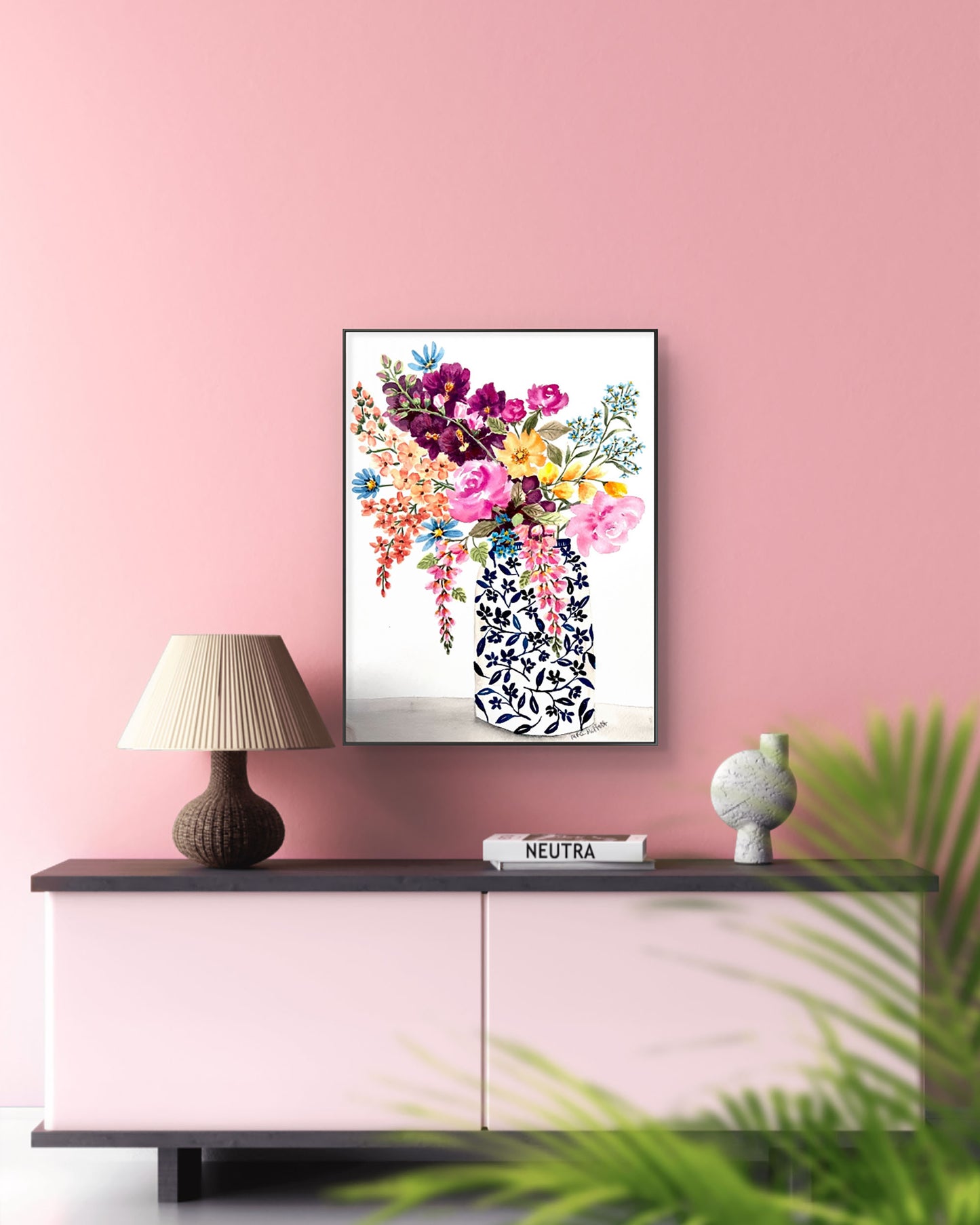 Original floral Watercolour painting of trailing flowers in a decorative vase