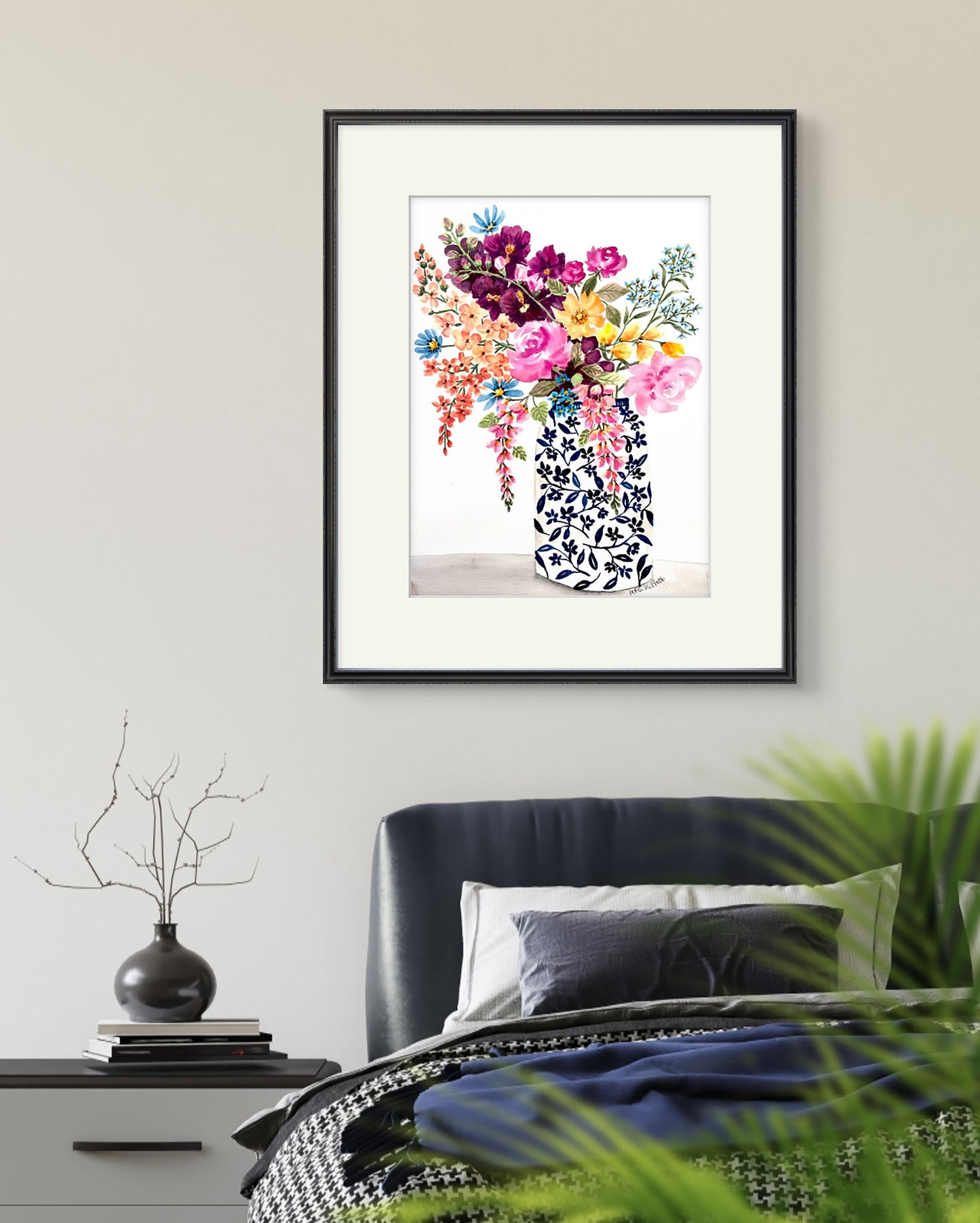 Original floral Watercolour painting of trailing flowers in a decorative vase