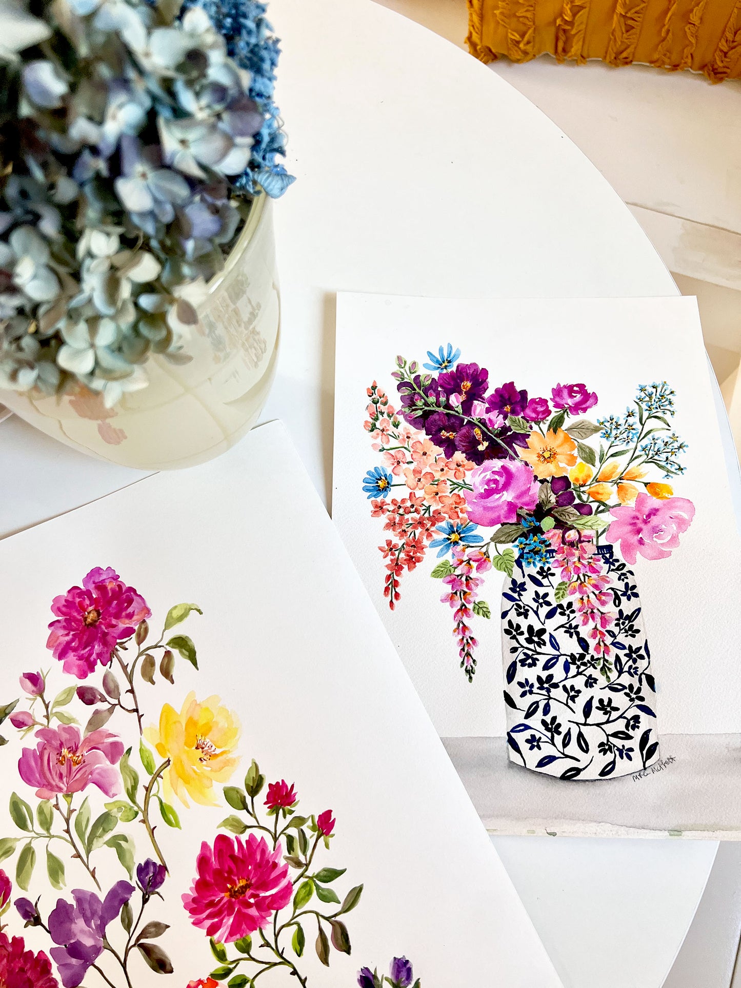 Original floral Watercolour painting of trailing flowers in a decorative vase