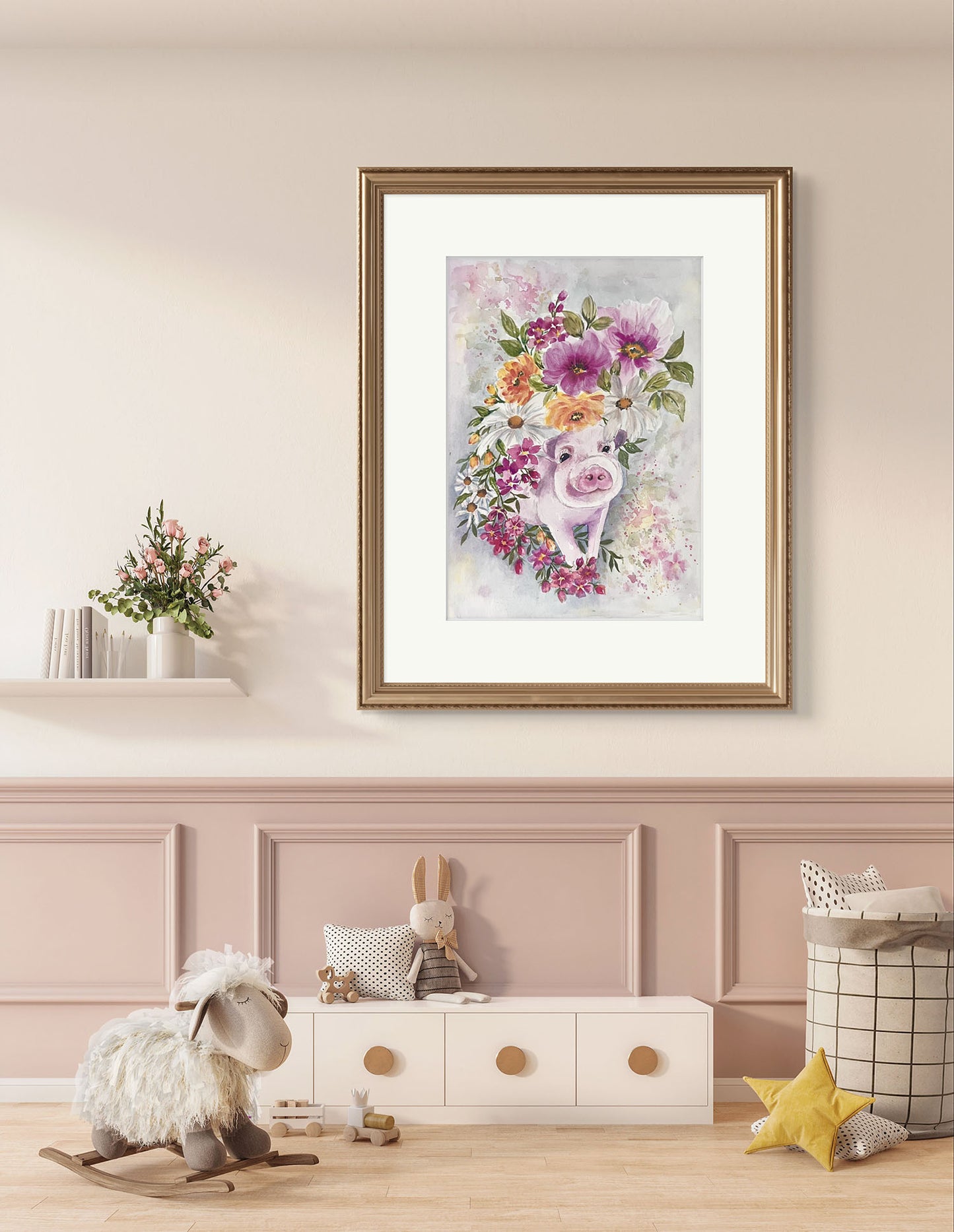 cute pink Pink painted in amongst flowers by Art Like That. Ideal for a kids room decor or baby Nursery.
