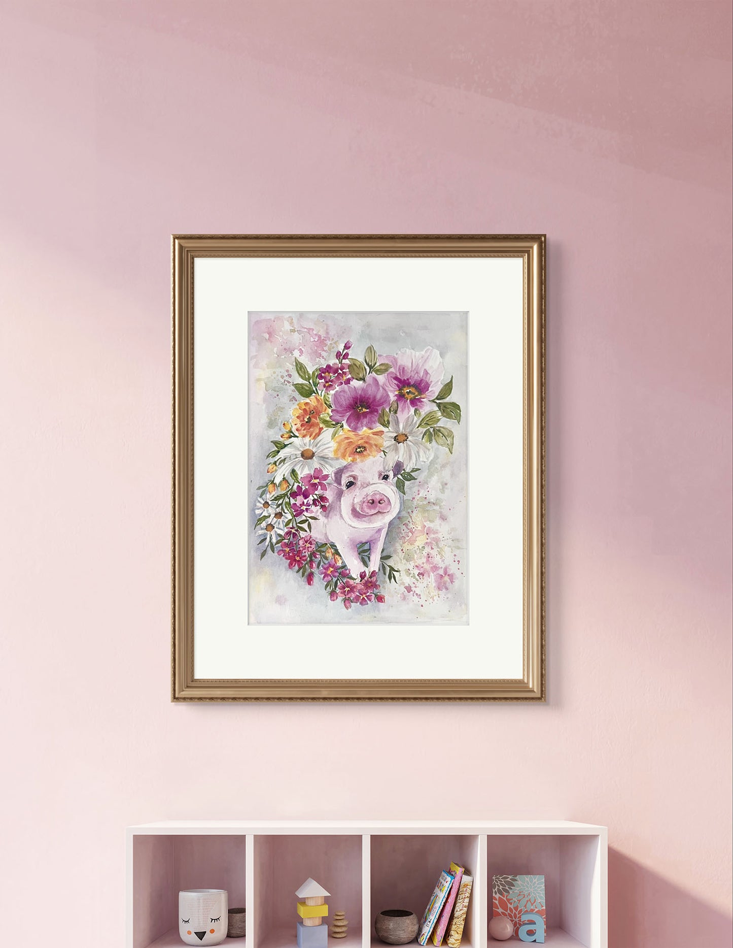 cute pink Pink painted in amongst flowers by Art Like That. Ideal for a kids room decor or baby Nursery.
