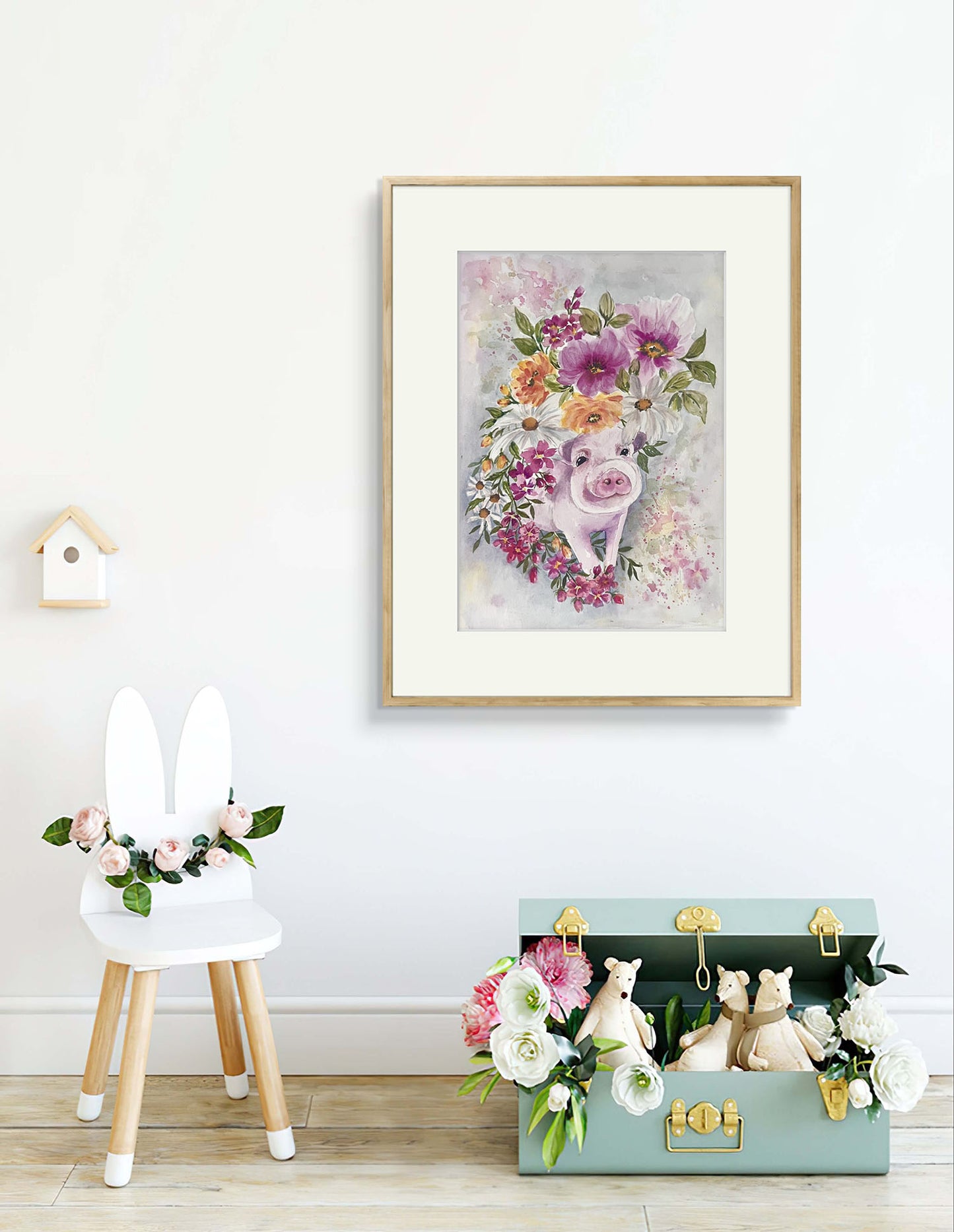 cute pink Pink painted in amongst flowers by Art Like That. Ideal for a kids room decor or baby Nursery.