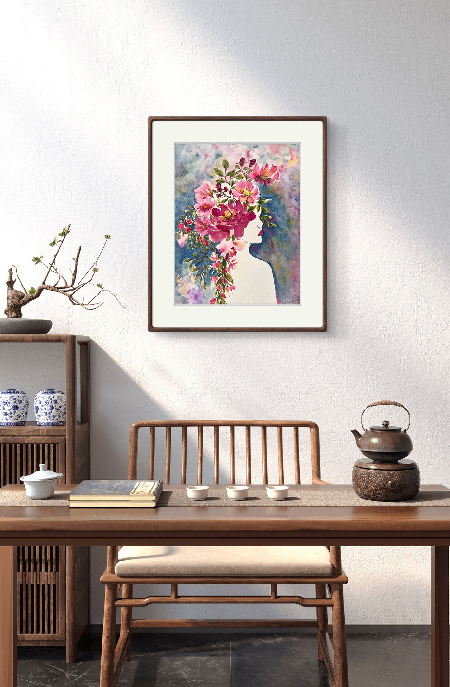 Original Portrait Floral Watercolour Art Gift.