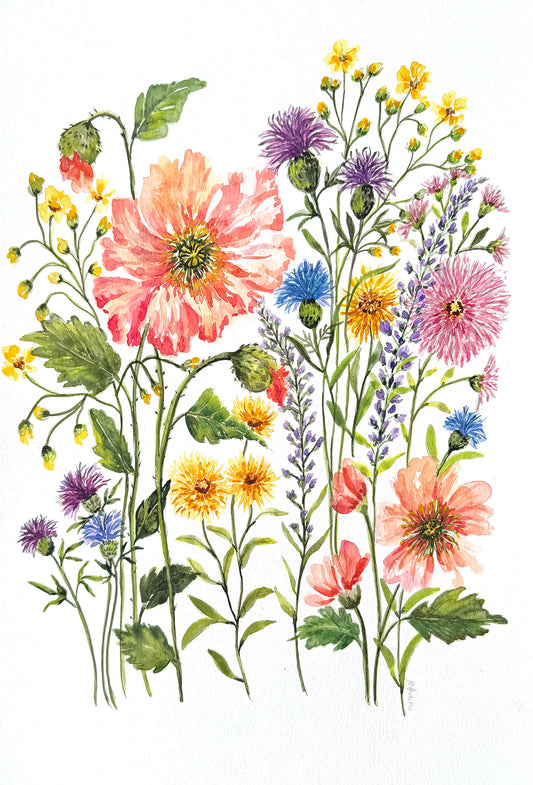 This original floral watercolour painting is hand-painted on 300gsm acid-free, 12 x 18 inches archival paper for lasting beauty in your space. The loose, impressionistic wildflower bouquet composition and vivid multi-color palette create a natural, meadow-like feel
