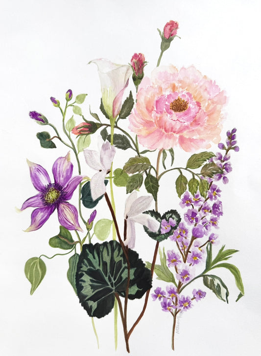 This original floral watercolour painting, titled "Petal Harmony," showcases a vibrant mixed bouquet in soft pinks, purples, whites, and warm accent tones