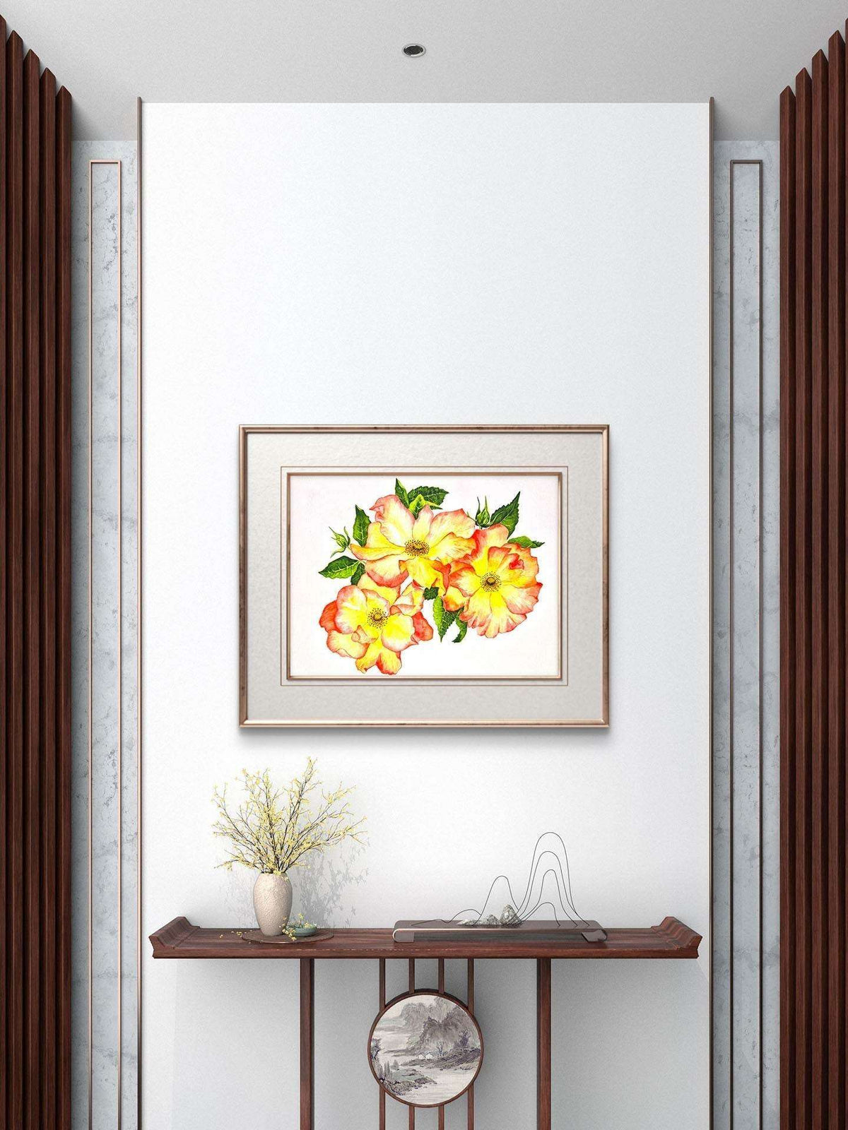 Original watercolour rose painting "Sunburst Roses" in warm red, yellow, and orange tones with green leaves on archival paper.