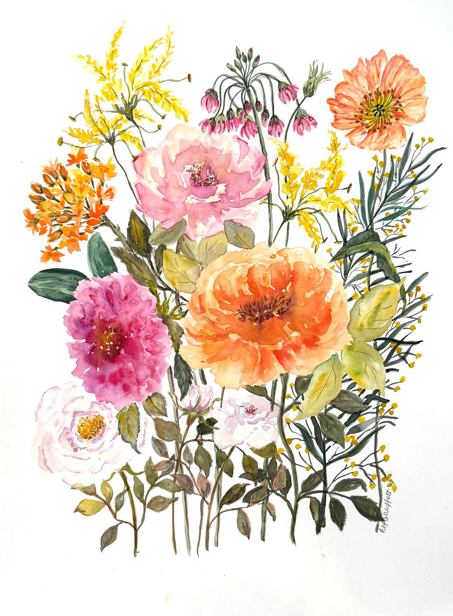 Colourful original watercolour flower painting with pink, orange, and yellow flowers on a white background.