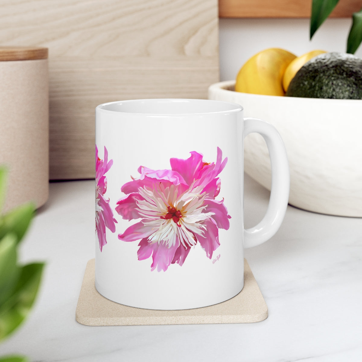 Ceramic Mug 11oz Pink peony Watercolour Design