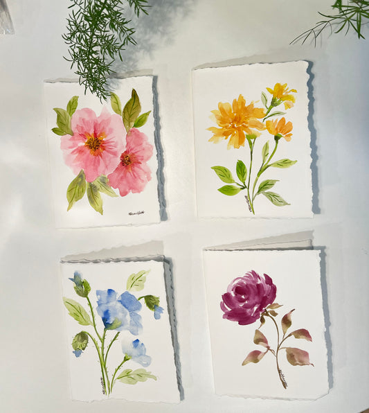 Watercolour Greeting cards marigold, roses and poppy