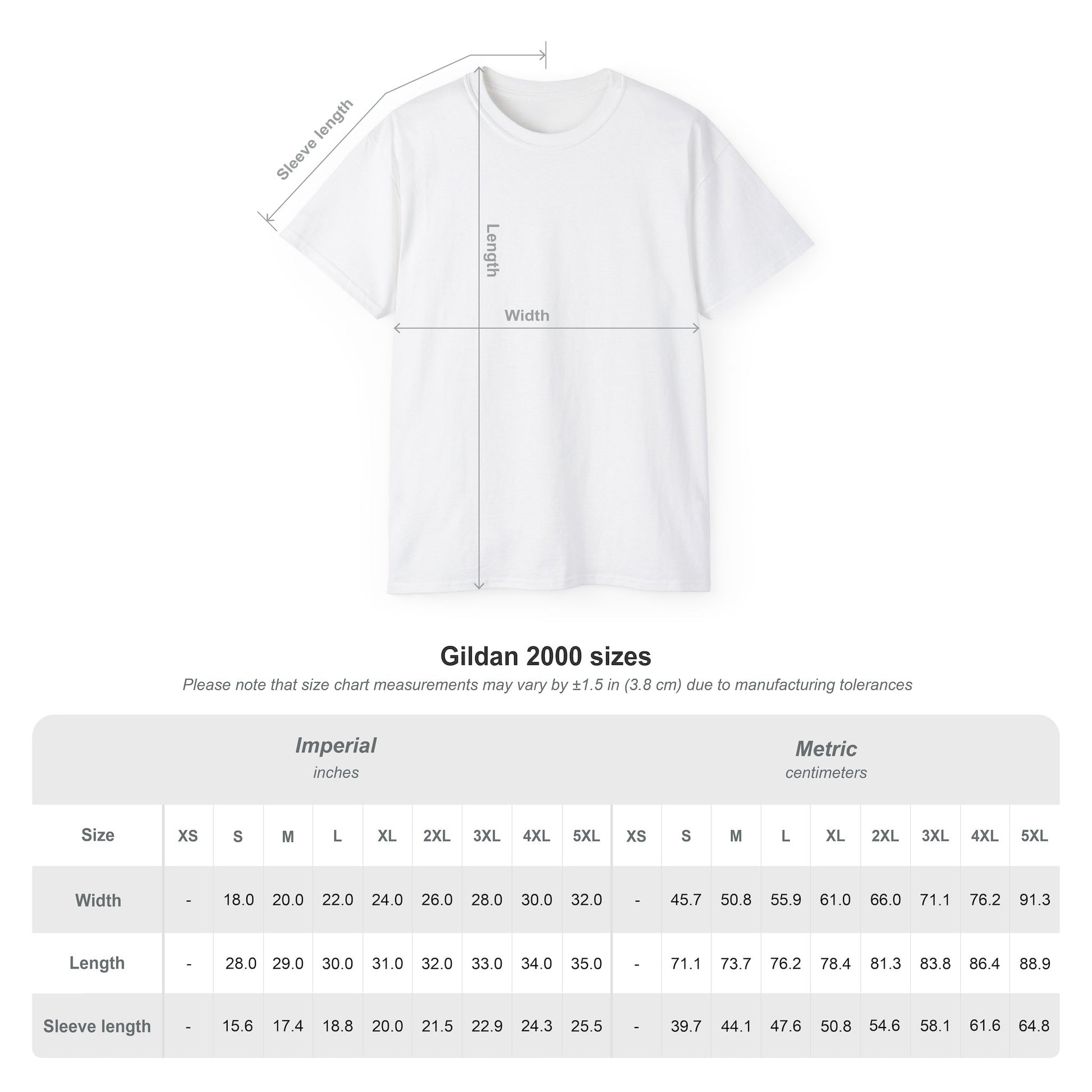 size chart for white t shirt