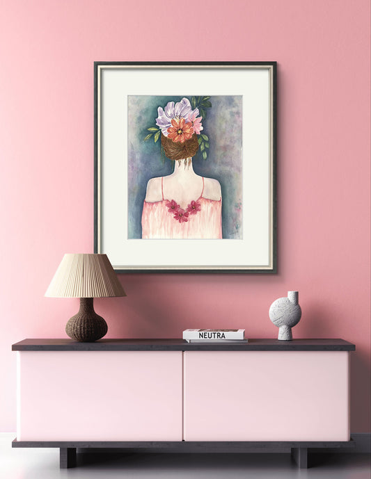 An Original watercolour Portrait Flower Girl Painting in a floral silk dress gazing into the distance with flowers woven in her hair. Size 12 x 16 inches.