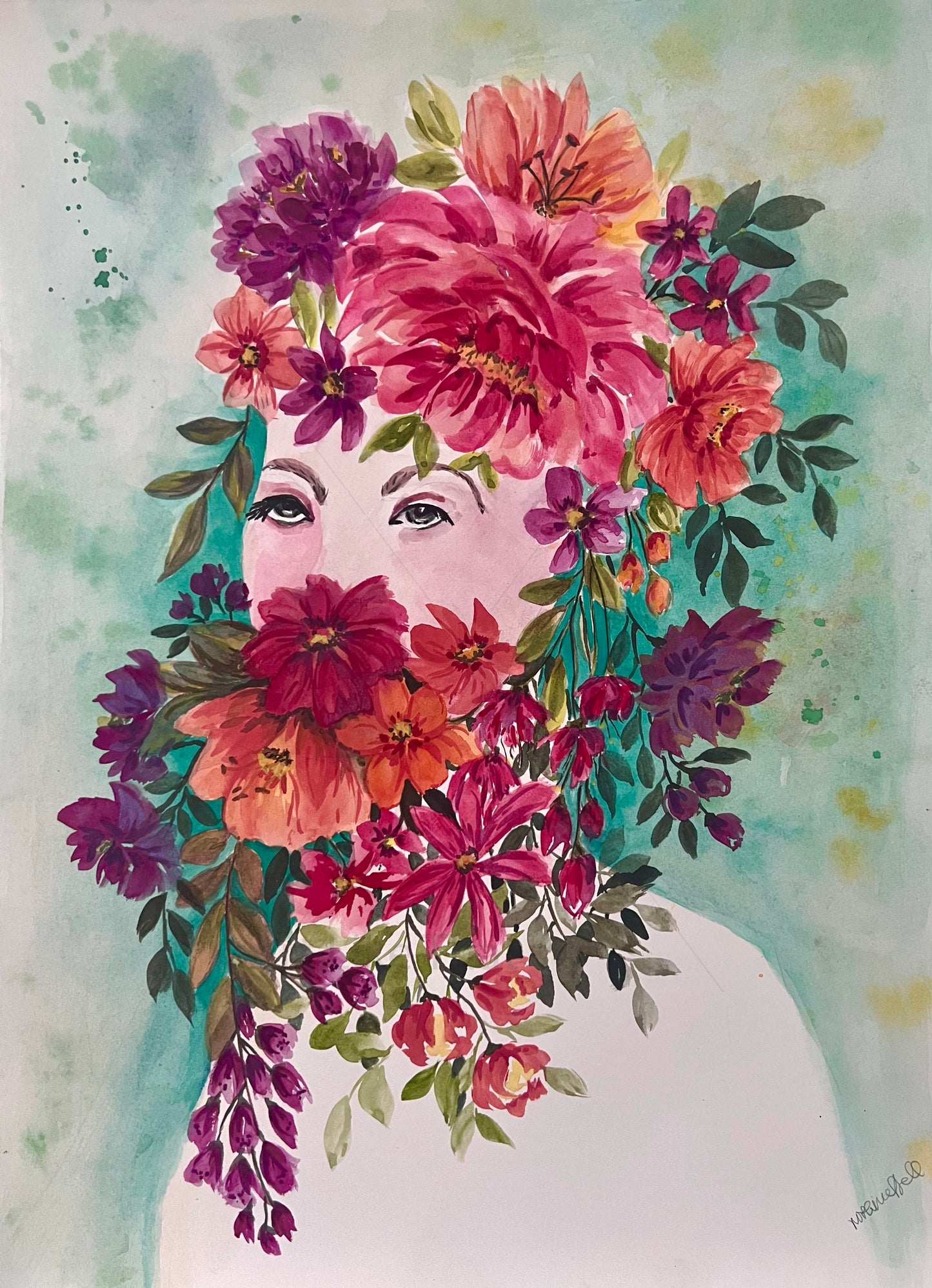 Portrait Watercolour Original Painting. Flower Girl Floral,  Gift.