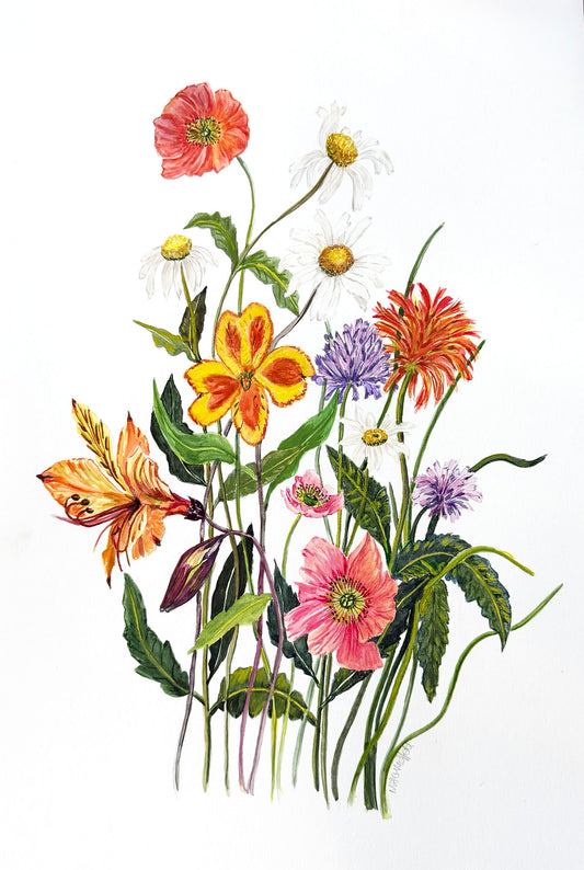 Original watercolour flower painting  12 x 18 inches for flower enthusiasts, colours pink, orange, red, blue, purple, Yellow and white. Certificate of authenticity included. 