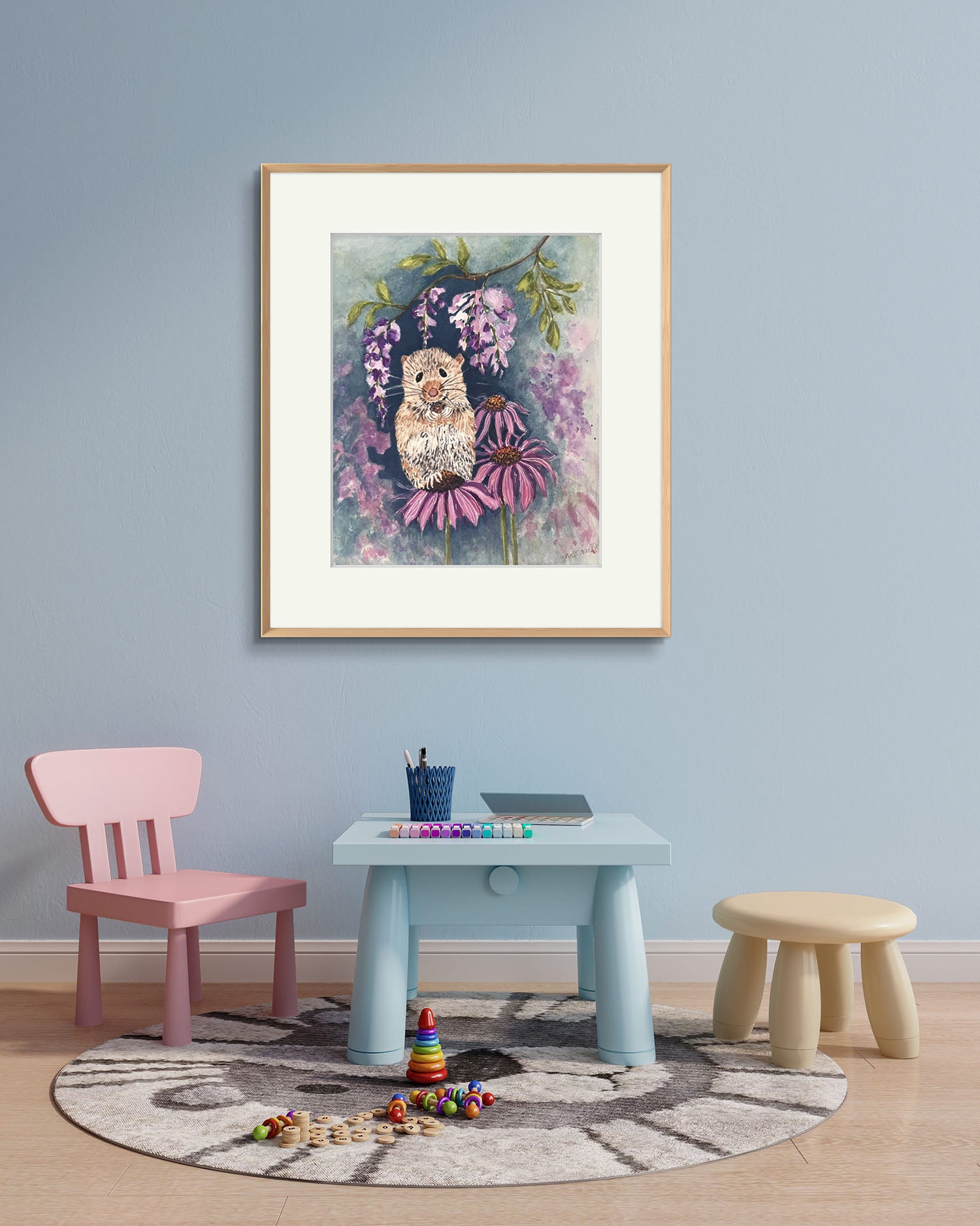 Original Watercolour Painting, Little mouse in the Flower Garden. Kids Decor Gift.