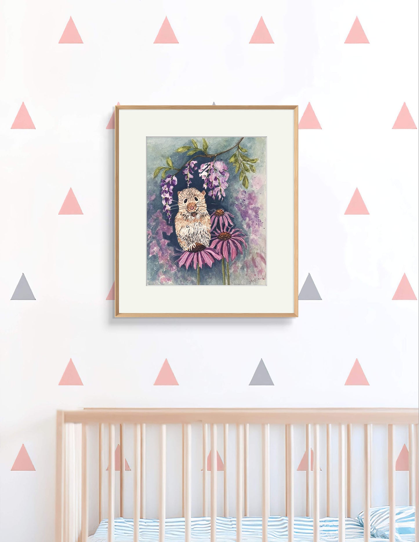 Original Watercolour Painting, Little mouse in the Flower Garden. Kids Decor Gift.