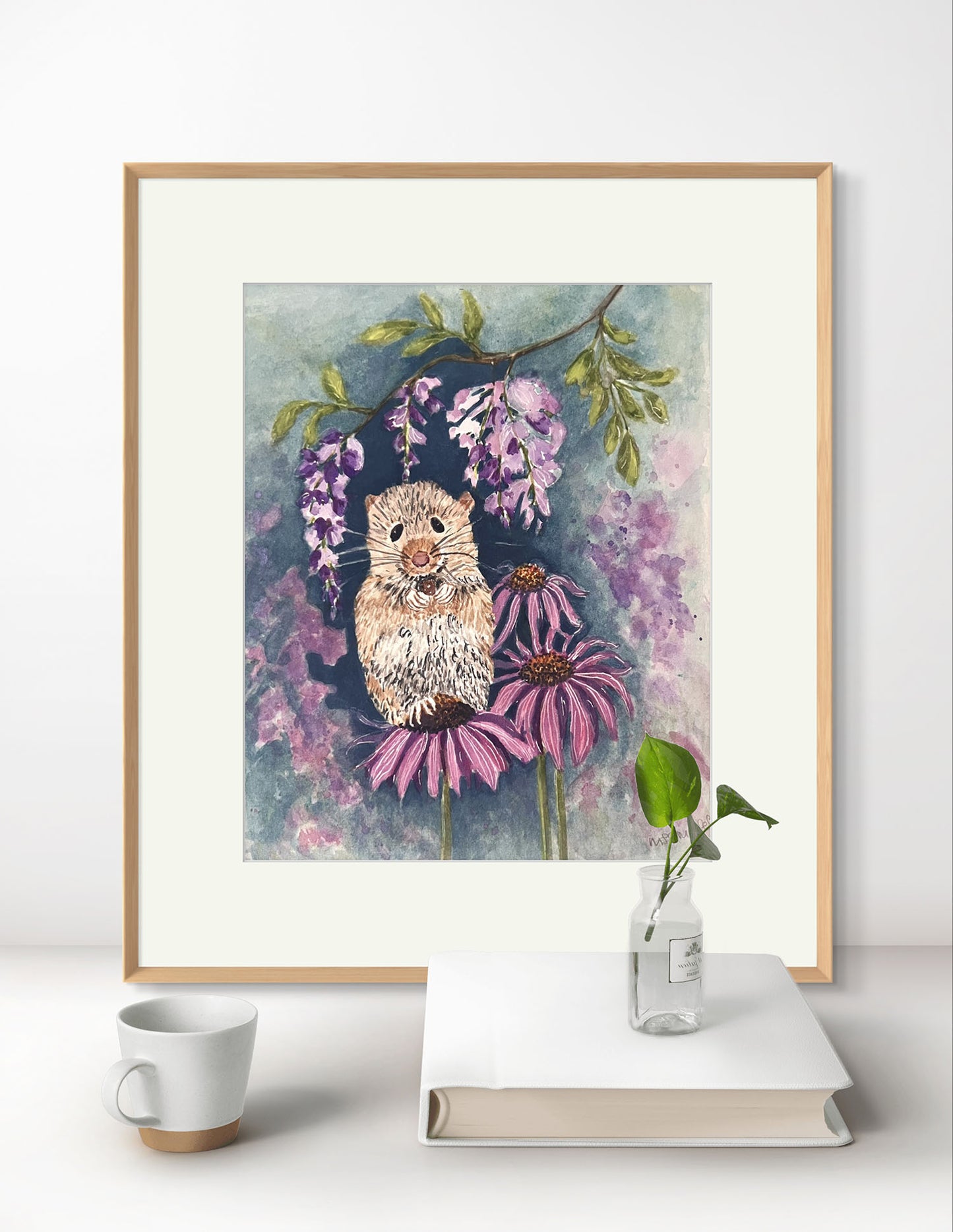 Original Watercolour Painting, Little mouse in the Flower Garden. Kids Decor Gift.