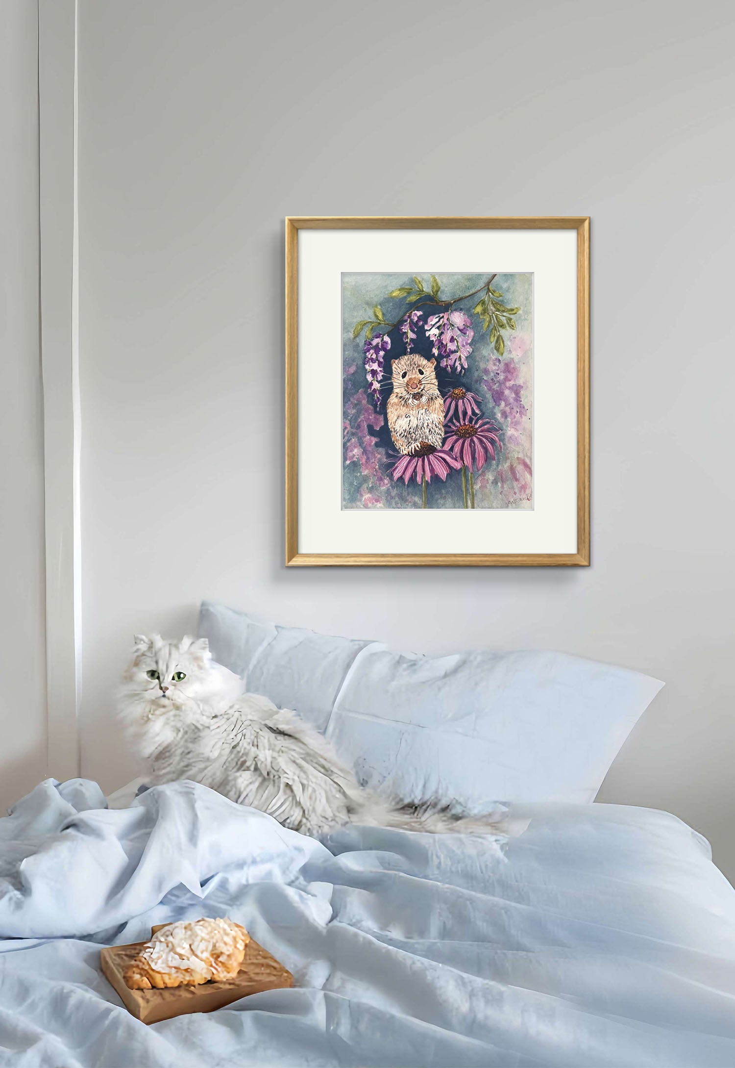 Original Watercolour Painting, Little mouse in the Flower Garden. Kids Decor Gift.
