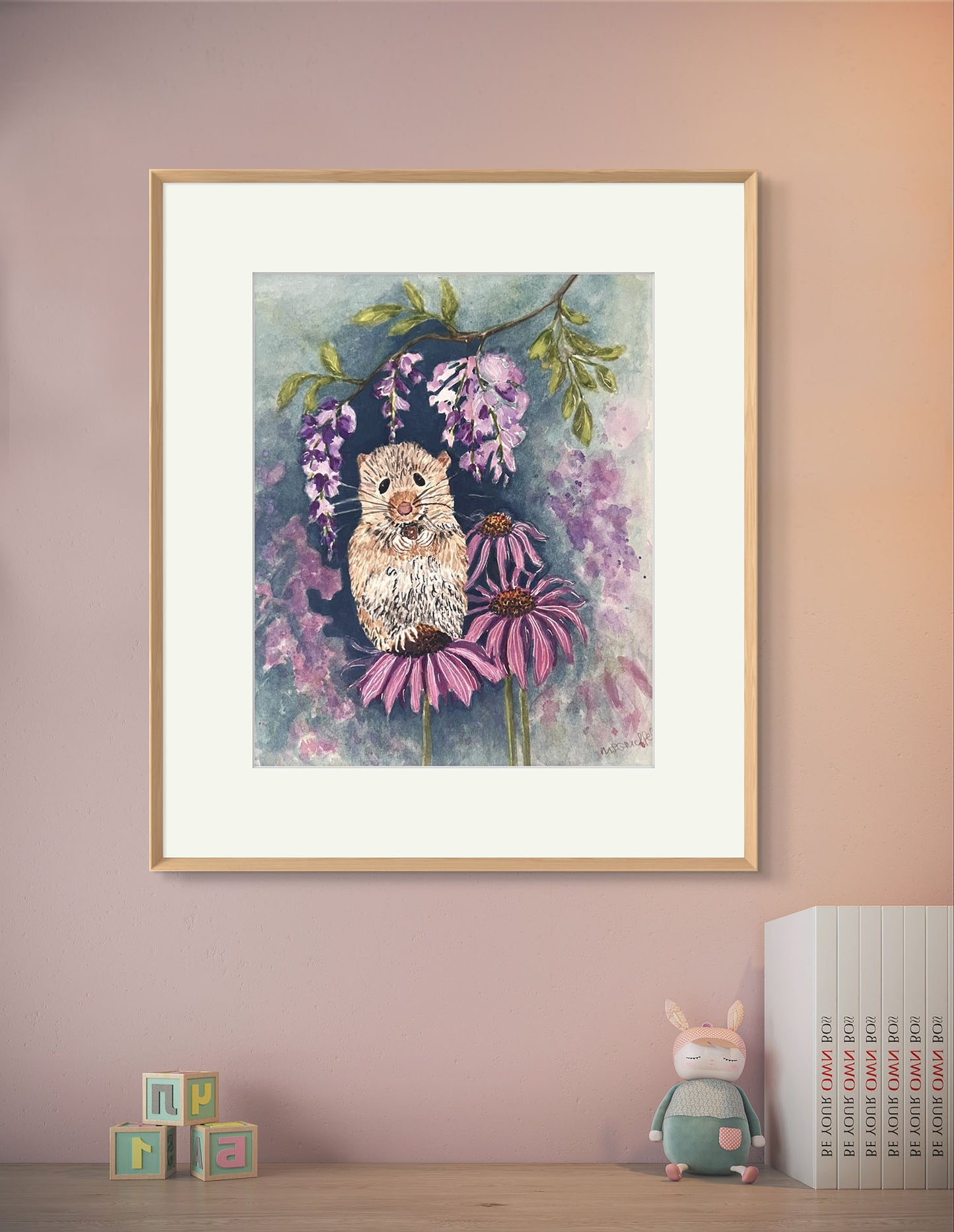 Original Watercolour Painting, Little mouse in the Flower Garden. Kids Decor Gift.