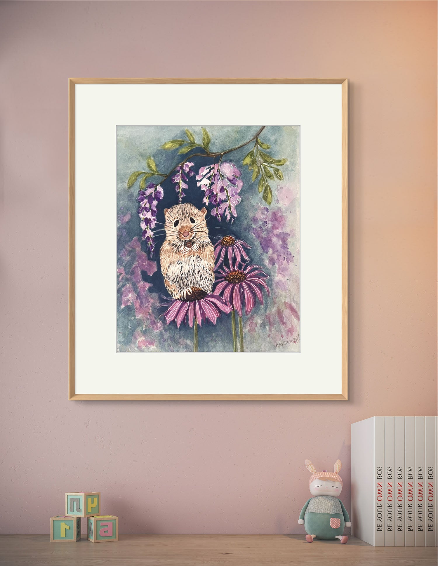 Original Watercolour Painting, Little mouse in the Flower Garden. Kids Decor Gift.