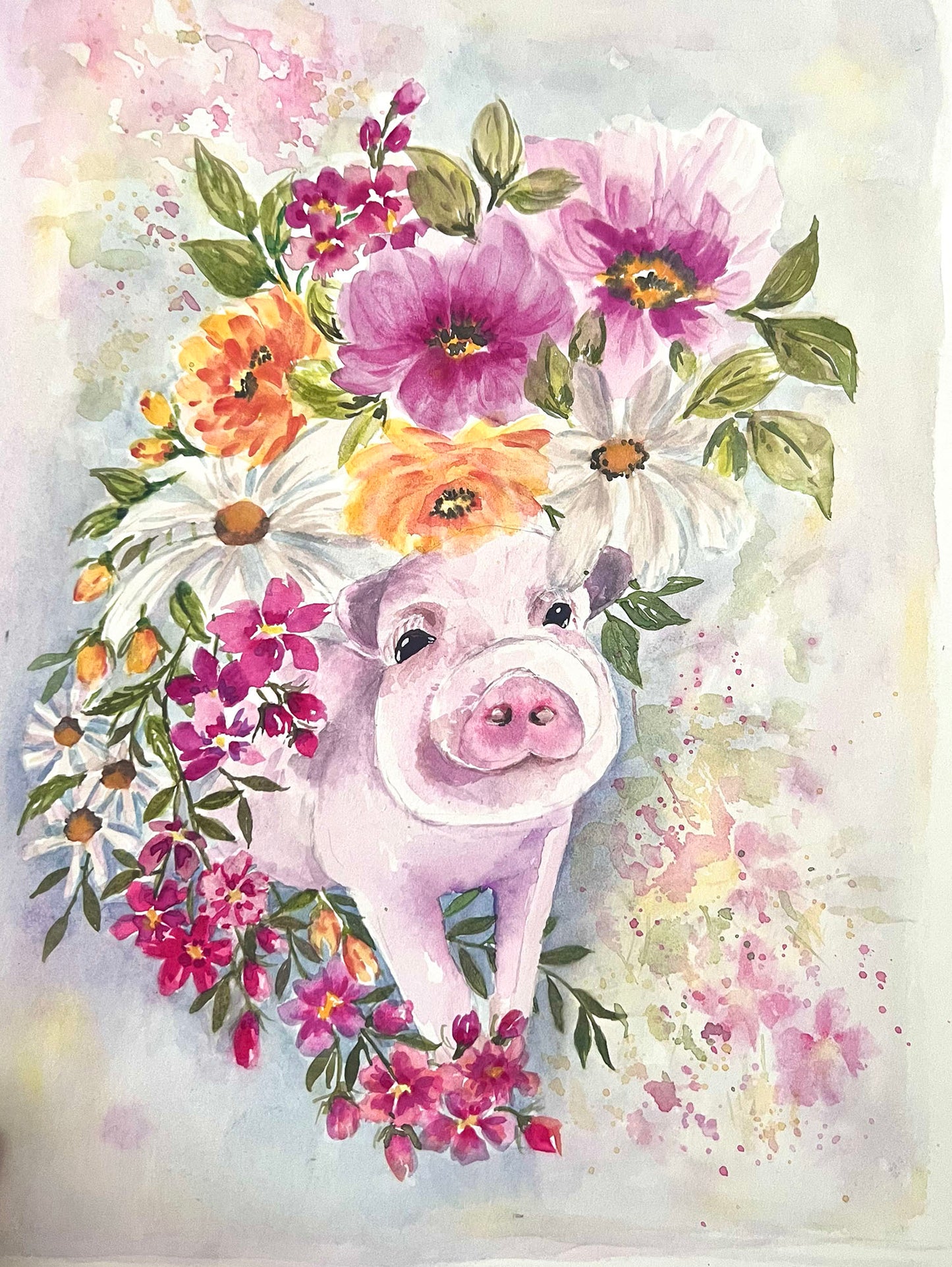 Speciality gift.  Cute Pink Pig in amongst the Flowers Original Watercolour Painting.