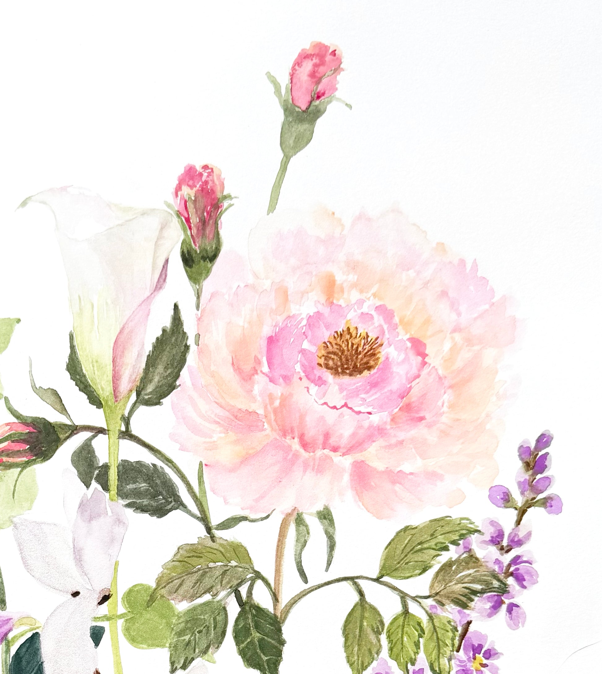Original Watercolour floral painting, 12 x 18 inches. Featuring a large pale pink flower with a yellow center, white flower buds, green leaves, and small purple blossoms on a white background. perfect for an artist made gift.