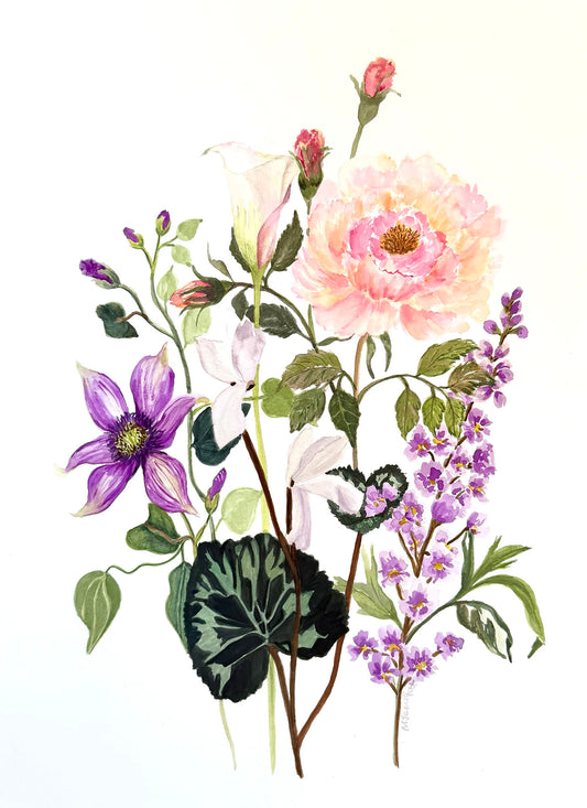 Original watercolour flower painting  12 x 18 inches for flower enthusiasts, colours pink, purple, Yellow and white. Certificate of authenticity included.