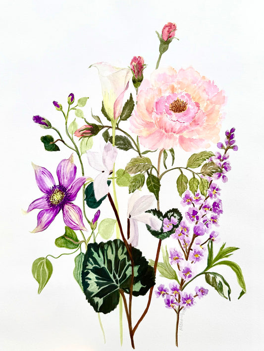 Original watercolour of various flowers including pink roses, purple clematis, and green leaves on a white background.