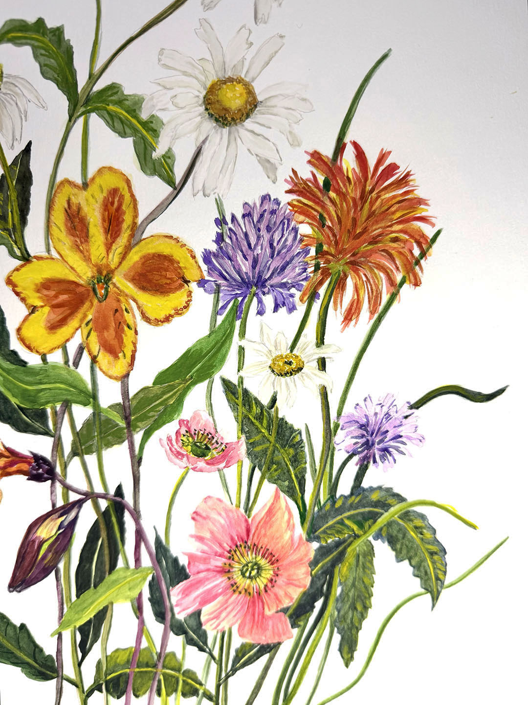 This original watercolour wildflower painting, titled “Blooming Beauty,” showcases a dense hand-picked bouquet in vibrant pink, orange, yellow, red, white, and purple tones on a clean white background. 