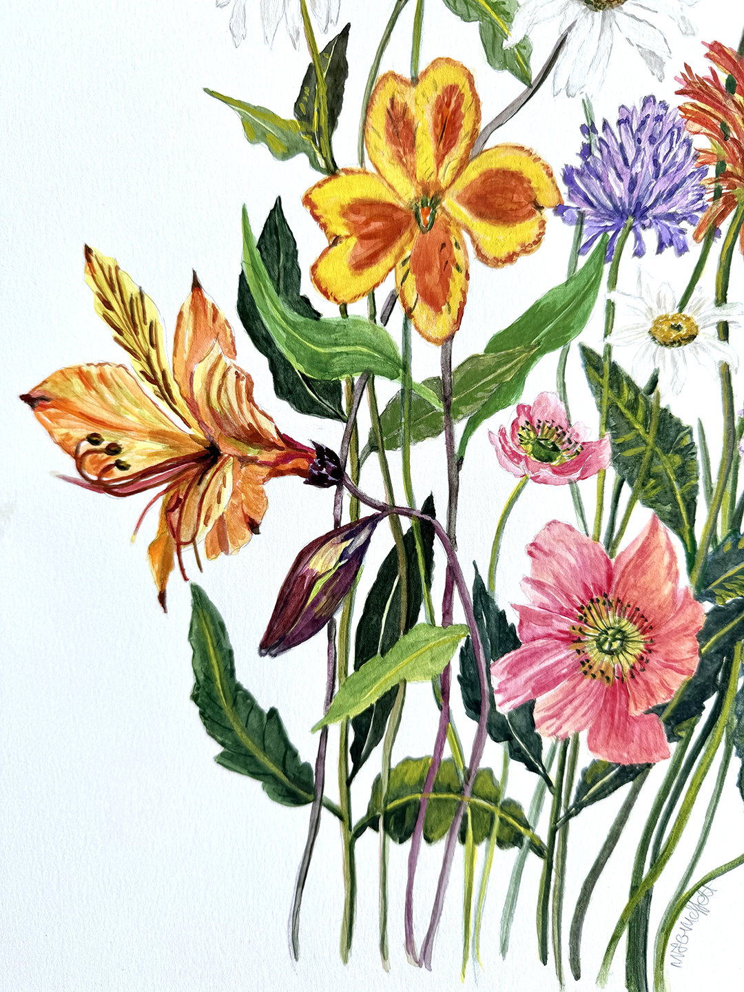 This original watercolour wildflower painting, titled “Blooming Beauty,” showcases a dense hand-picked bouquet in vibrant pink, orange, yellow, red, white, and purple tones on a clean white background. 