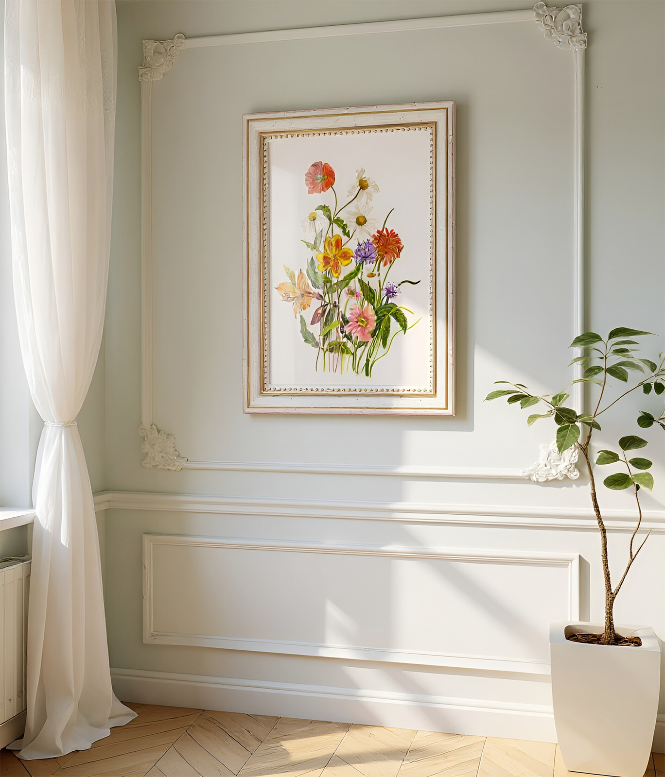 Botanical art print featuring a variety of colourful wildflowers, including orange poppies, white daisies, yellow and orange flowers, purple chamomile, and pink blossoms on a white background.