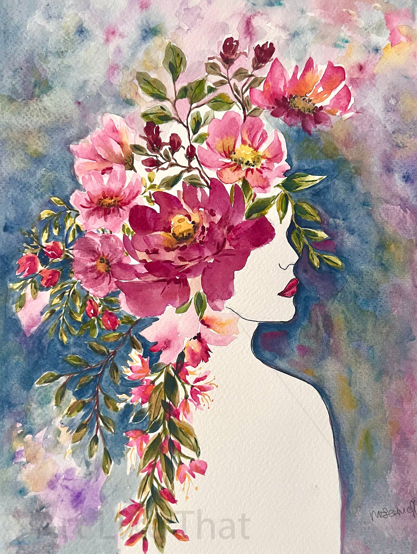 Original Portrait Floral Watercolour Art Gift.