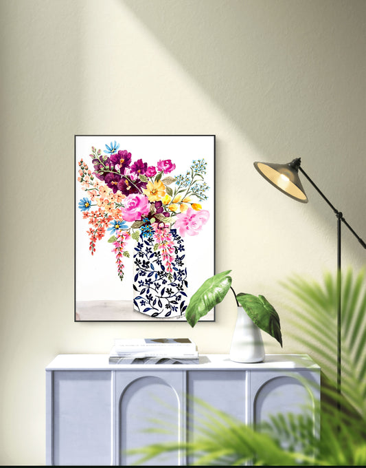 Original floral Watercolour painting of trailing flowers in a decorative vase