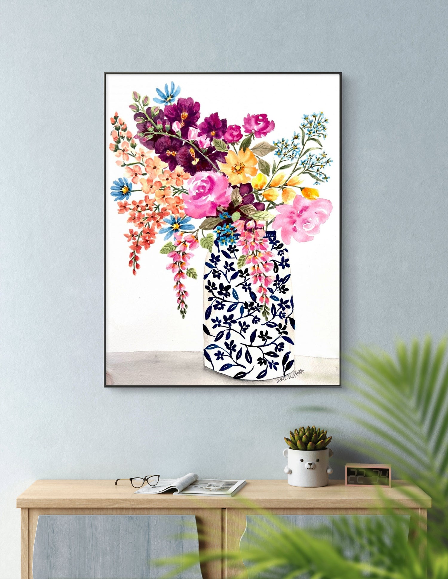 Original floral Watercolour painting of trailing flowers in a decorative vase