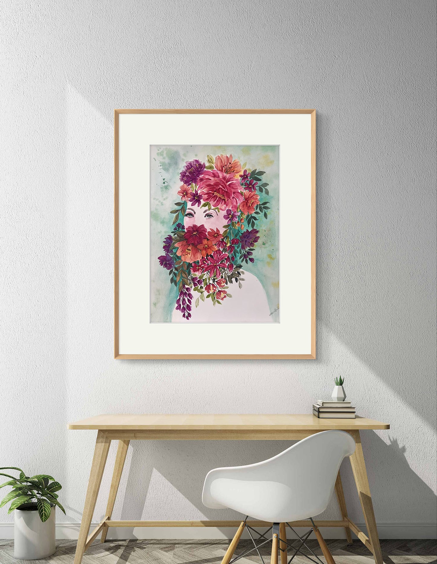 Portrait Watercolour Original Painting. Flower Girl Floral,  Gift.