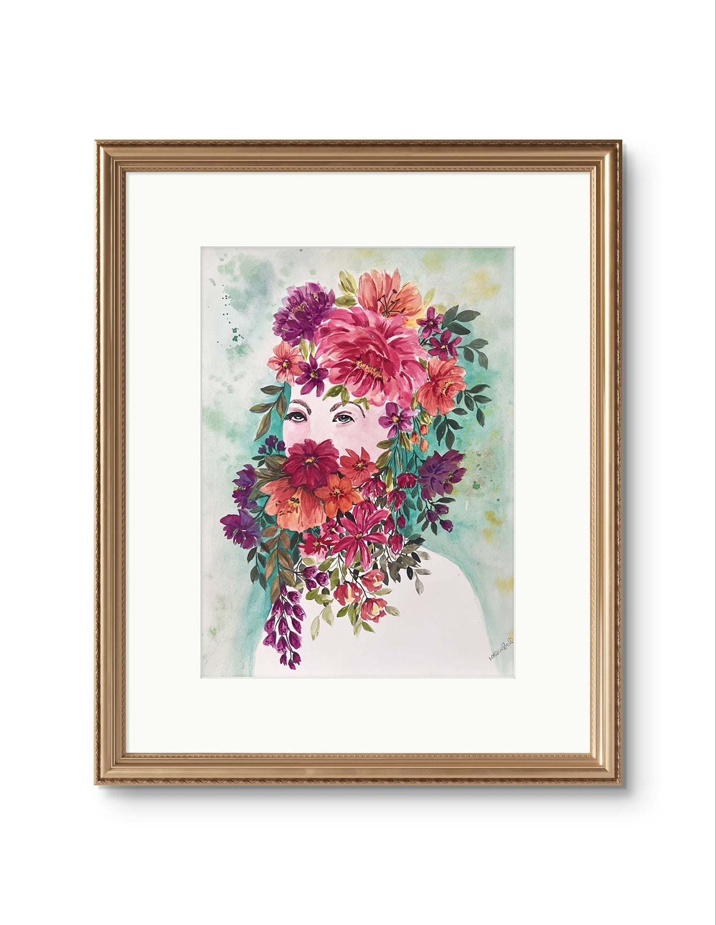 Portrait Watercolour Original Painting. Flower Girl Floral,  Gift.