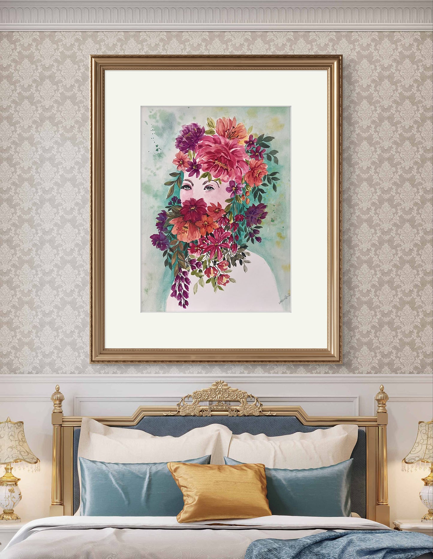 Original Floral Portrait Painting.