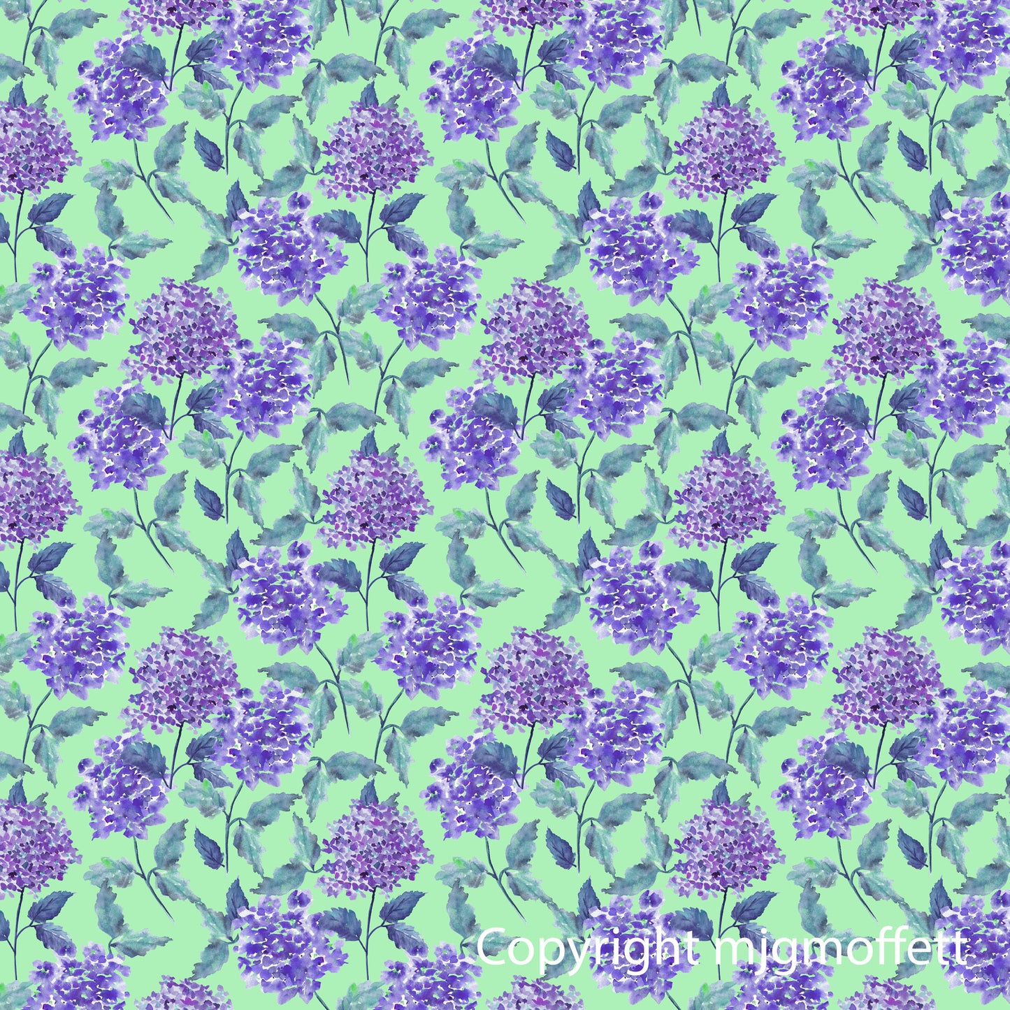 Custom designed Fabrics By Art Like That. purple on aqua Green hydrangea flower on white design. Available in 8 types of fabric, cotton silk, Silk habotai,Silk Modal, organic cotton hemp,  Cashmere Modal, Cotton Linen Canvas, Linen, wide cotton Sateen.  Can be purchased by the meter. Unique one of a kind fabrics. Perfect for all sewing needs.