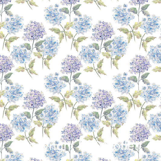 Custom designed Fabrics By Art Like That.Blue  Blue and mauve hydrangea flower on whitedesign. Available in 8 types of fabric, cotton silk, Silk habotai,Silk Modal, organic cotton hemp,  Cashmere Modal, Cotton Linen Canvas, Linen, wide cotton Sateen.  Can be purchased by the meter. Unique one of a kind fabrics. Perfect for all sewing needs.