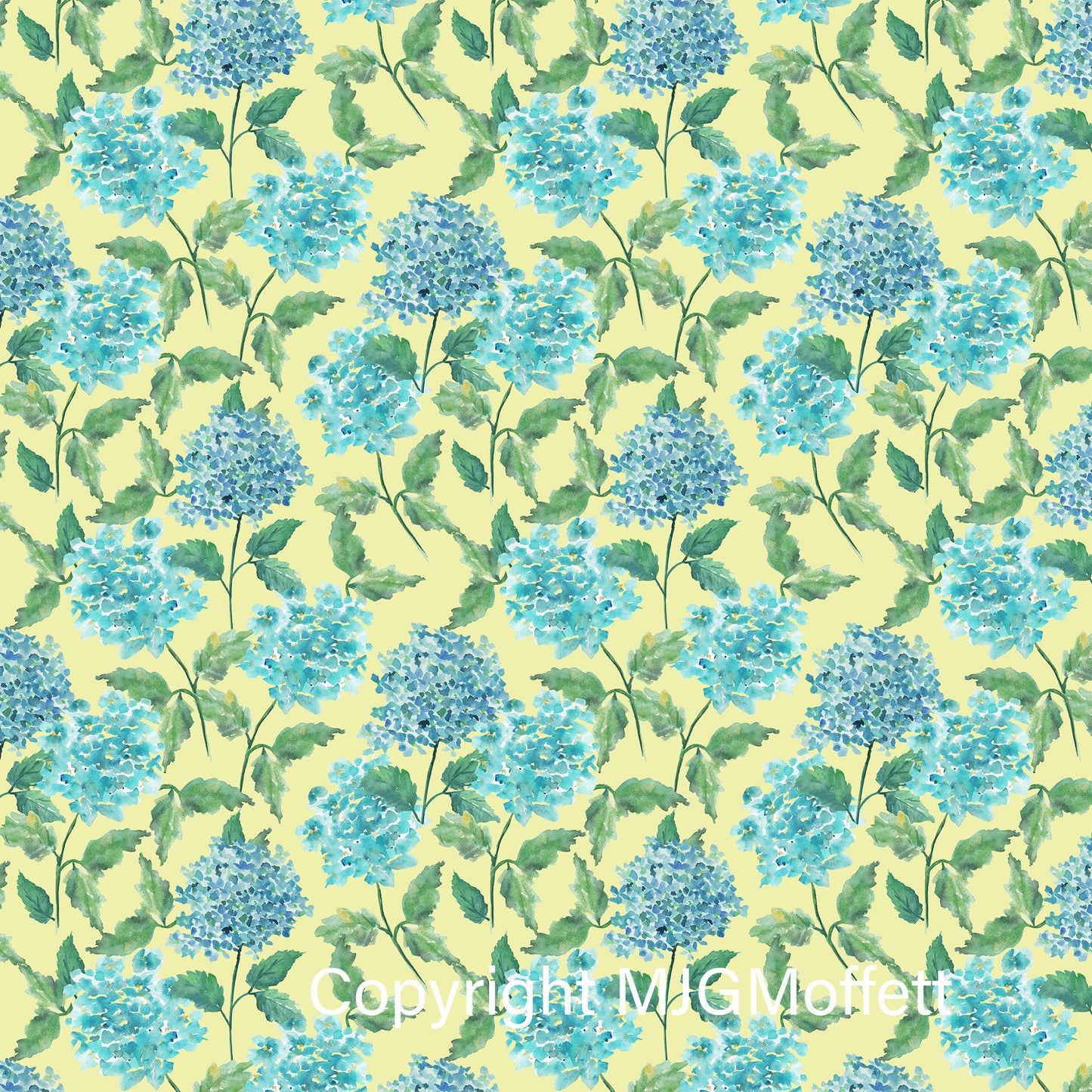 Custom designed Fabrics By Art Like That.  Blue and  hydrangea flower on yellow design. Available in 8 types of fabric, cotton silk, Silk habotai,Silk Modal, organic cotton hemp,  Cashmere Modal, Cotton Linen Canvas, Linen, wide cotton Sateen.  Can be purchased by the meter. Unique one of a kind fabrics. Perfect for all sewing needs.